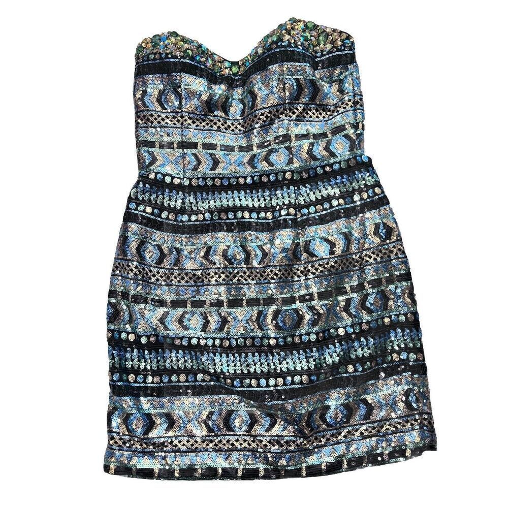 Precious Formals Sequin Mini Dress Sparkle Size 4 Blue Green Black Chunky Stones